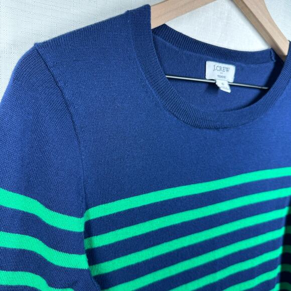 J.CREW Cotton Teddie Sweater Women's S Navy Blue Kelly Green Stripes Preppy Boat - Picture 3 of 12